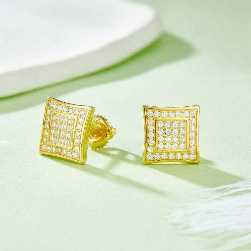 方形双环S925银Stud Earring带螺纹Moissanite厘石D级0.41ct